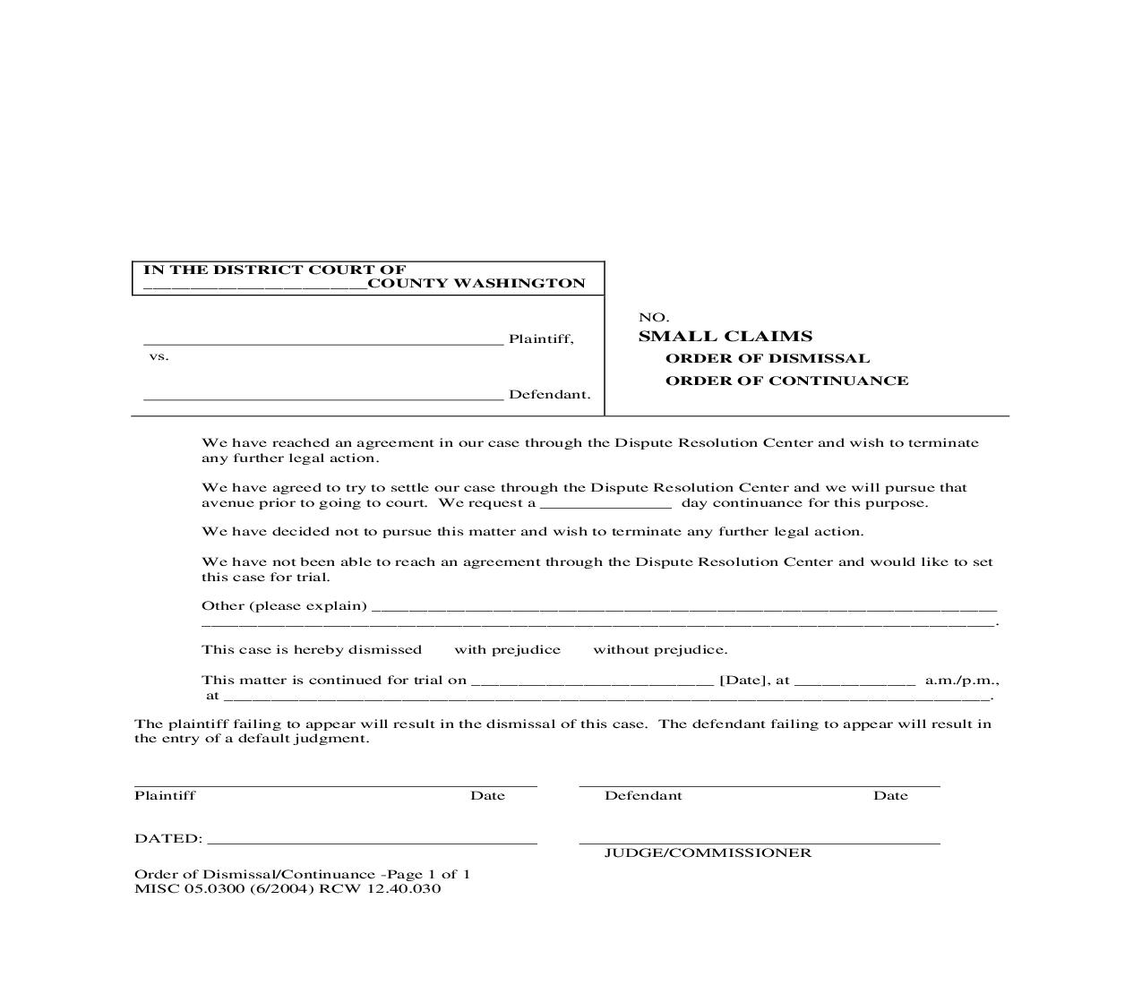 Small Claims Order Of Dismissal-Continuance {MISC 05.0300} | Pdf Fpdf Doc Docx | Washington
