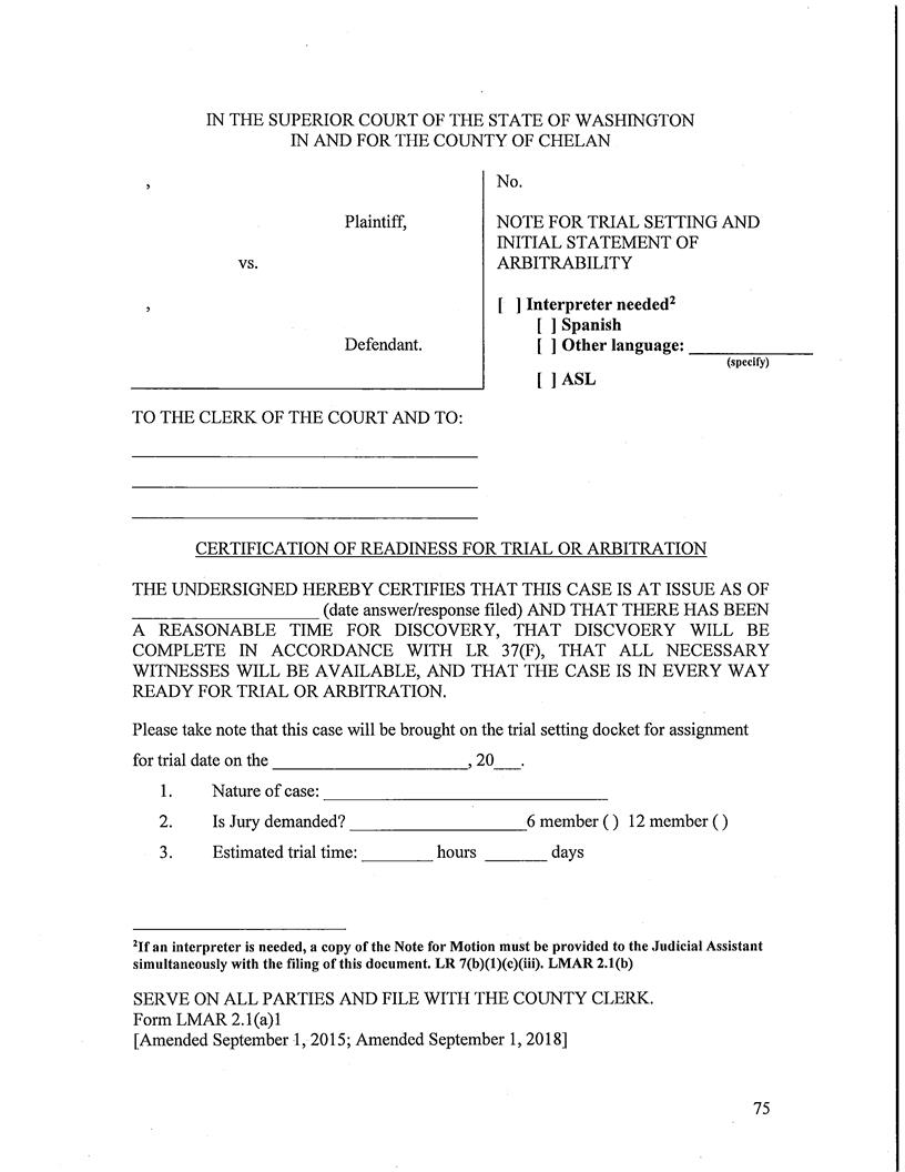 Note For Trial Setting And Initial Statement Of Arbitrability {LMAR 2.1 (a)1} | Pdf Fpdf Docx | Washington