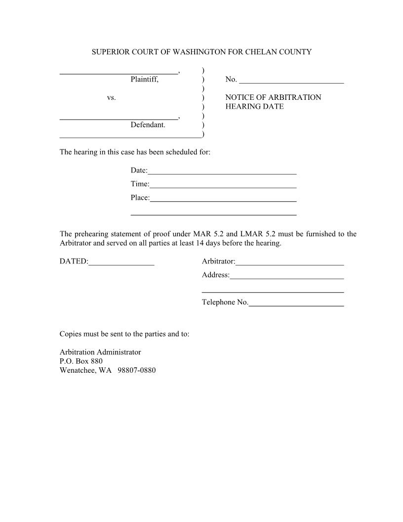 Notice Of Arbitration Hearing Date {LMAR 5.1 (a)} | Pdf Fpdf Docx | Washington