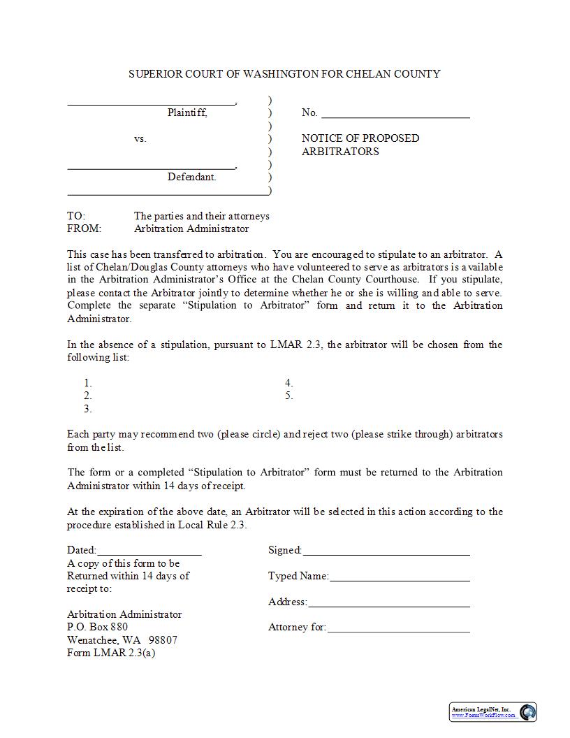 Notice Of Proposed Arbitrators {LMAR 2.3(A)} | Pdf Fpdf Docx | Washington