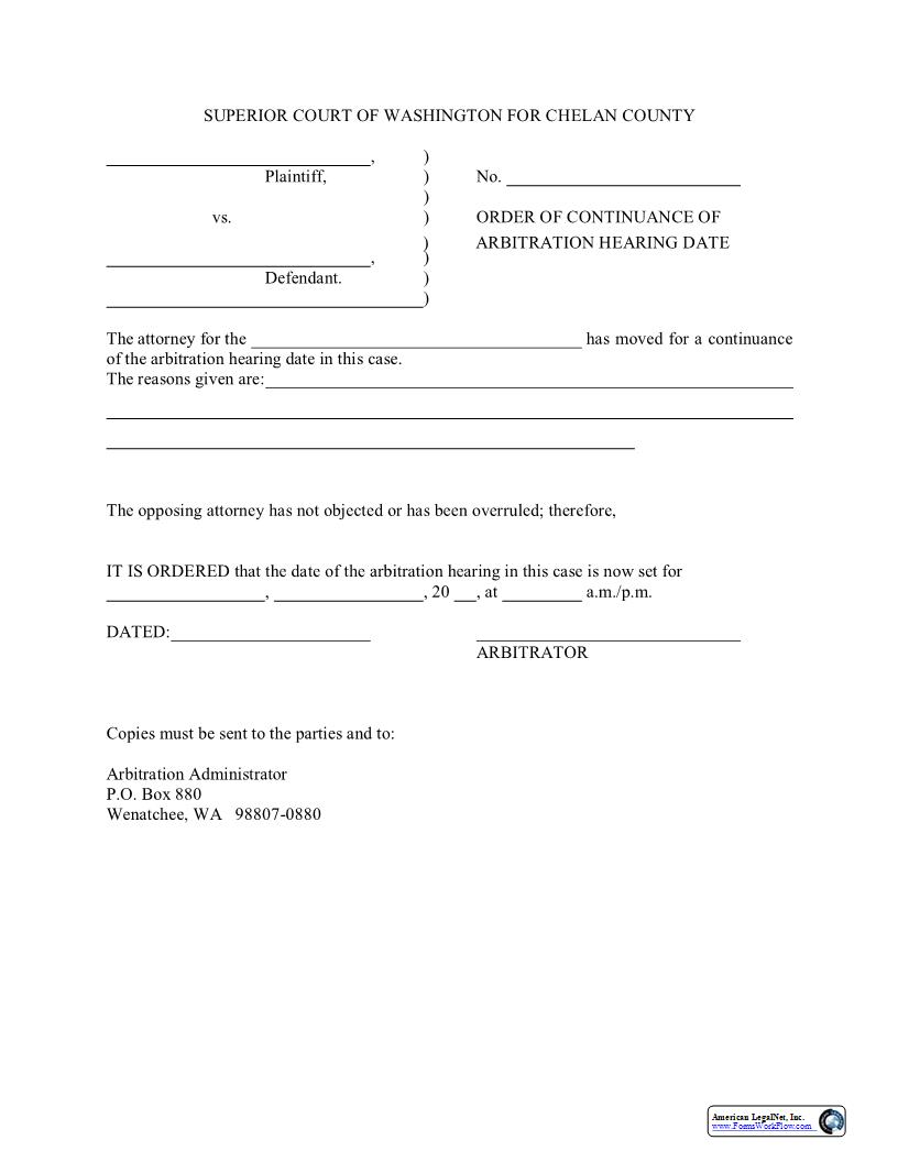 Order Of Continuance Of Arbitration Hearing Date {LMAR 5.1(b)} | Pdf Fpdf Docx | Washington