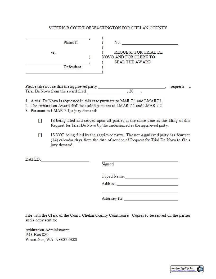 Request For Trial De Novo And For Clerk To Seal The Award {LMAR 7.1} | Pdf Fpdf Docx | Washington