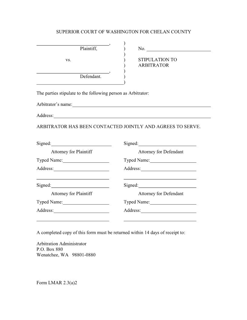 Stipulation To Arbitrator {LMAR 2.3(a)2} | Pdf Fpdf Docx | Washington