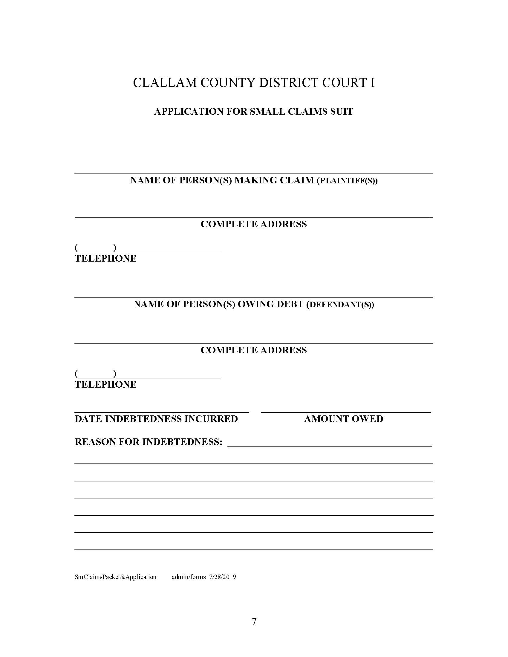 Application For Small Claims Suit | Pdf Fpdf Doc Docx | Washington