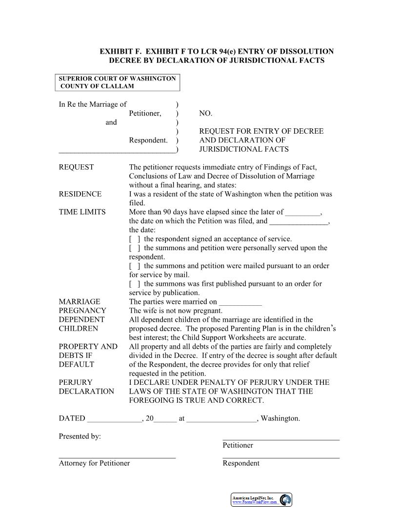 Request For Entry Of Decree And Declaration Of Jurisdictional Facts (Exhibit F) | Pdf Fpdf Docx | Washington