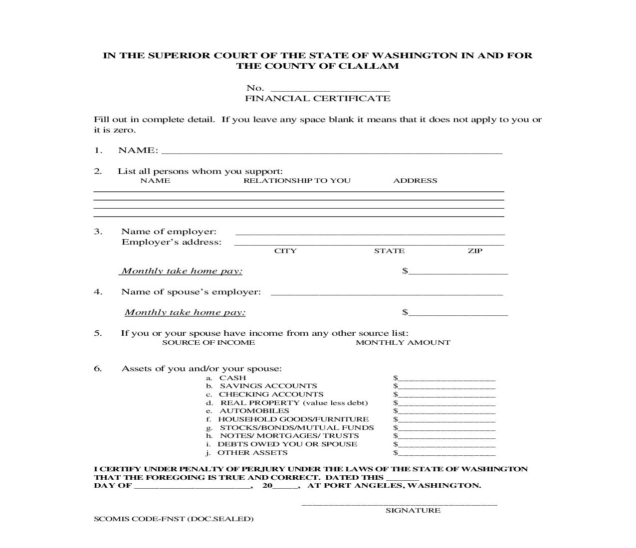 Financial Certificate | Pdf Fpdf Doc Docx | Washington