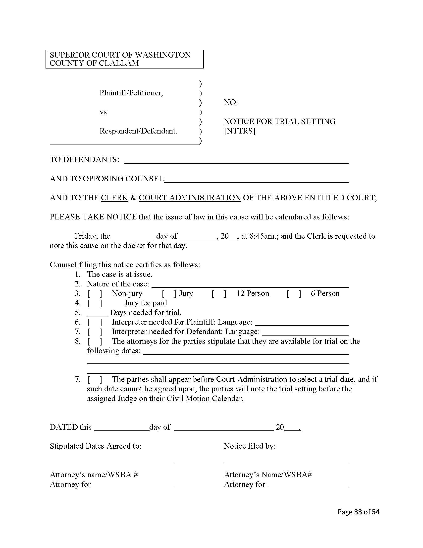 Notice For Trial Setting | Pdf Fpdf Doc Docx | Washington