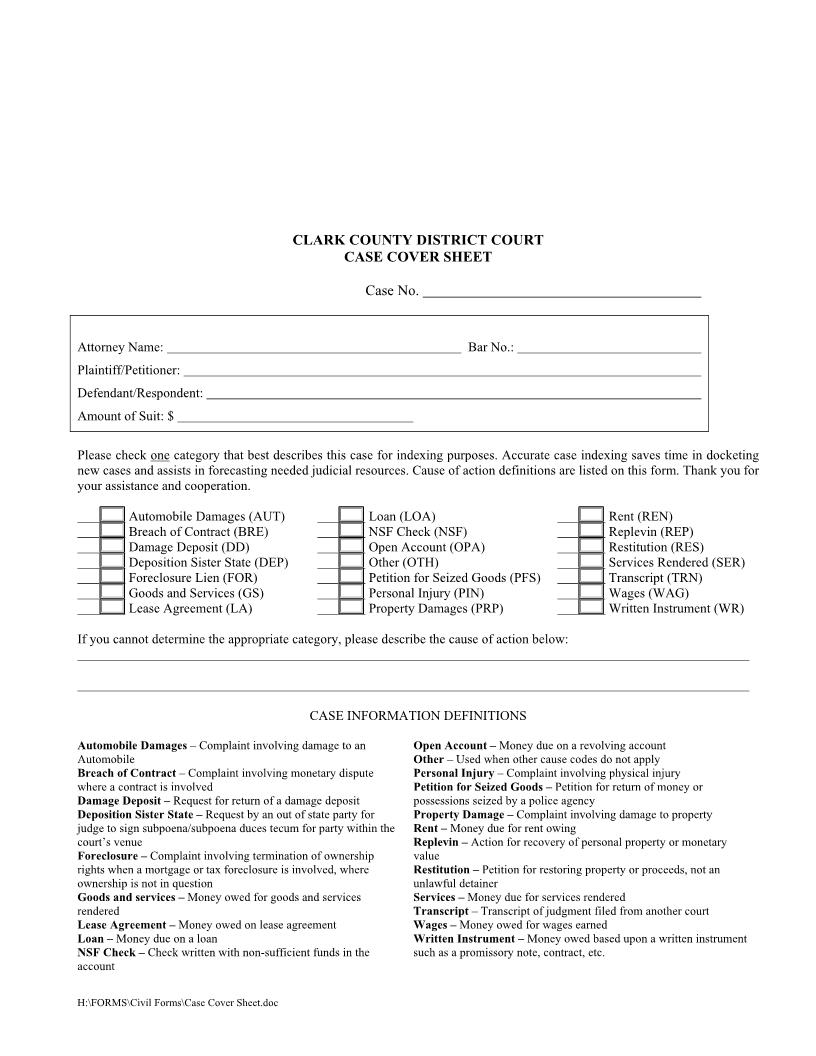 Civil Case Cover Sheet | Pdf Fpdf Docx | Washington