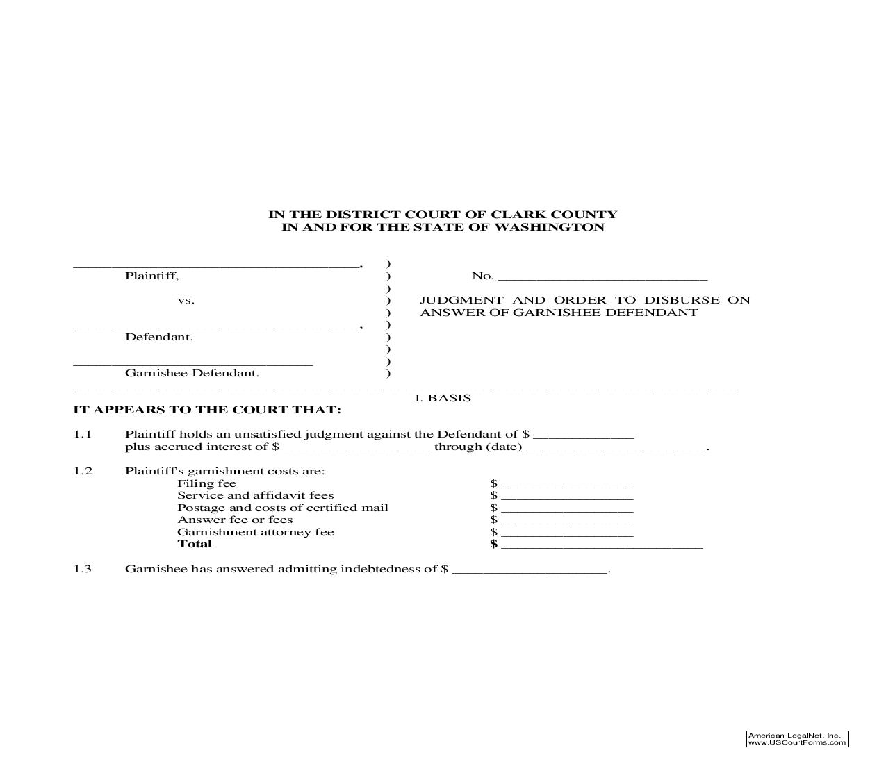 Judgment And Order To Disburse On Answer Of Garnishee Defendant |  | Washington