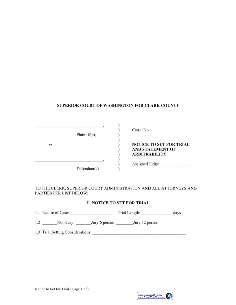 Notice To Set For Trial And Statement Of Arbitrability | Pdf Fpdf Docx | Washington