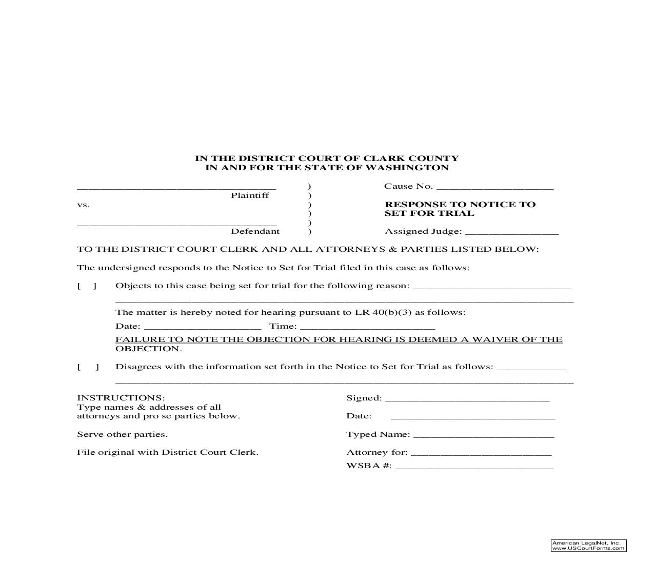 Response To Notice To Set For Trial |  | Washington