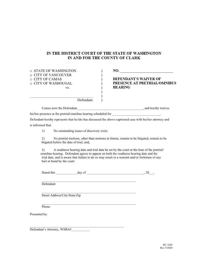 Defendants Waiver Of Presence At Pretrial | Pdf Fpdf Docx | Washington