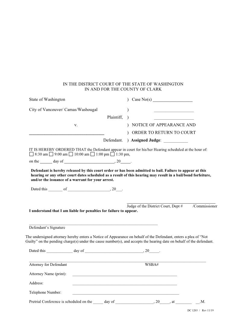 Notice Of Appearance And Order To Return To Court | Pdf Fpdf Doc Docx | Washington