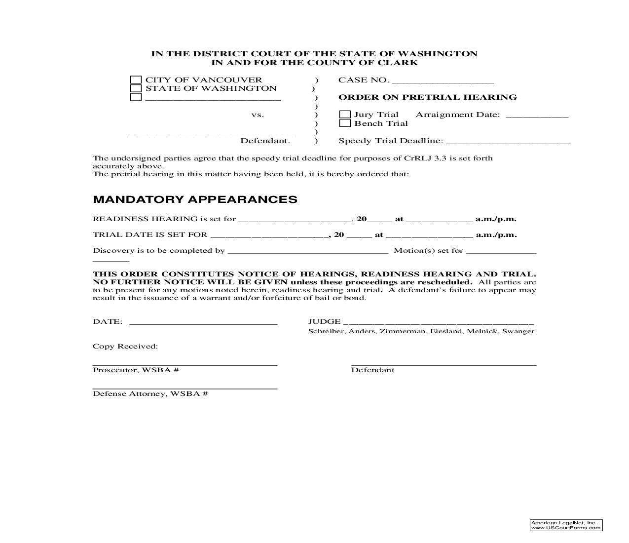 Order On Pretrial Hearing |  | Washington