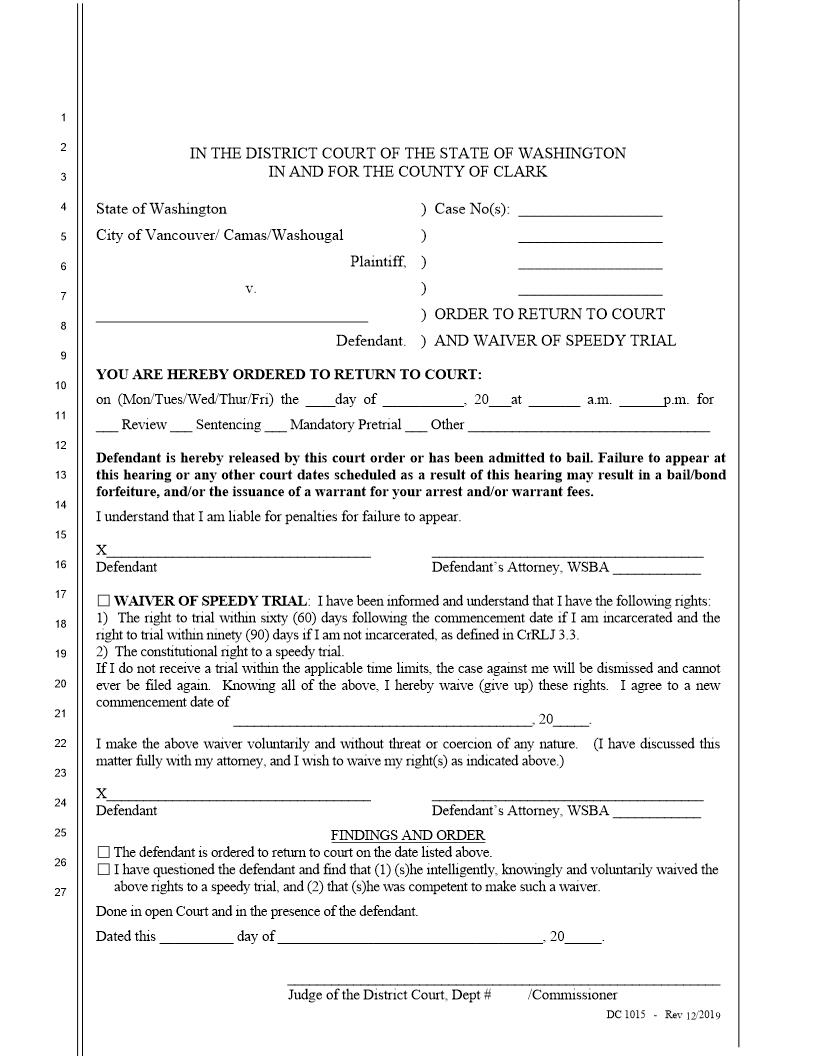 Order To Return To Court And Waiver Of Speedy Trial | Pdf Fpdf Docx | Washington