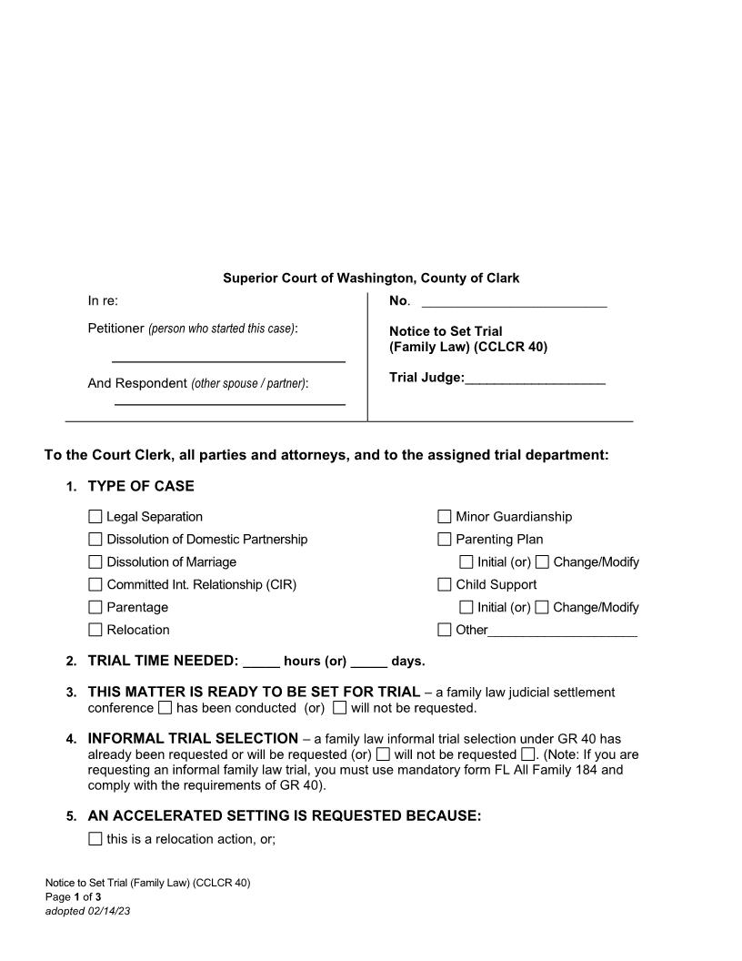 Notice To Set For Trial Family Law Court | Pdf Fpdf Docx | Washington
