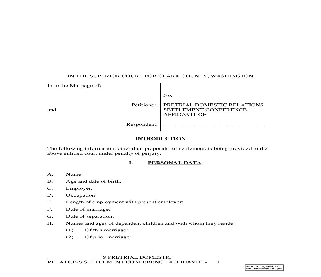 Pretrial Domestic Relations Settlement Conference Affidavit | Pdf Fpdf Doc Docx | Washington