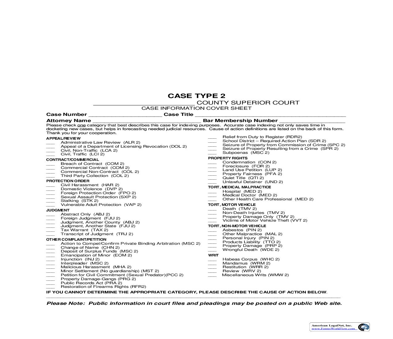 Case Type 2 Case Information Cover Sheet |  | Washington
