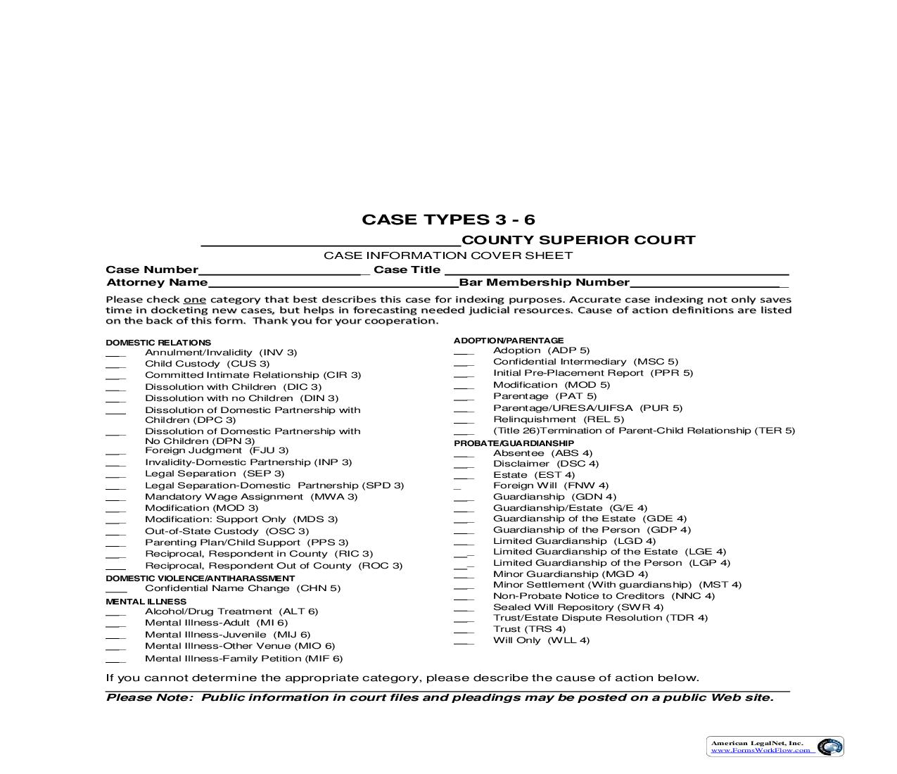 Case Types 3 - 6 Case Information Cover Sheet |  | Washington