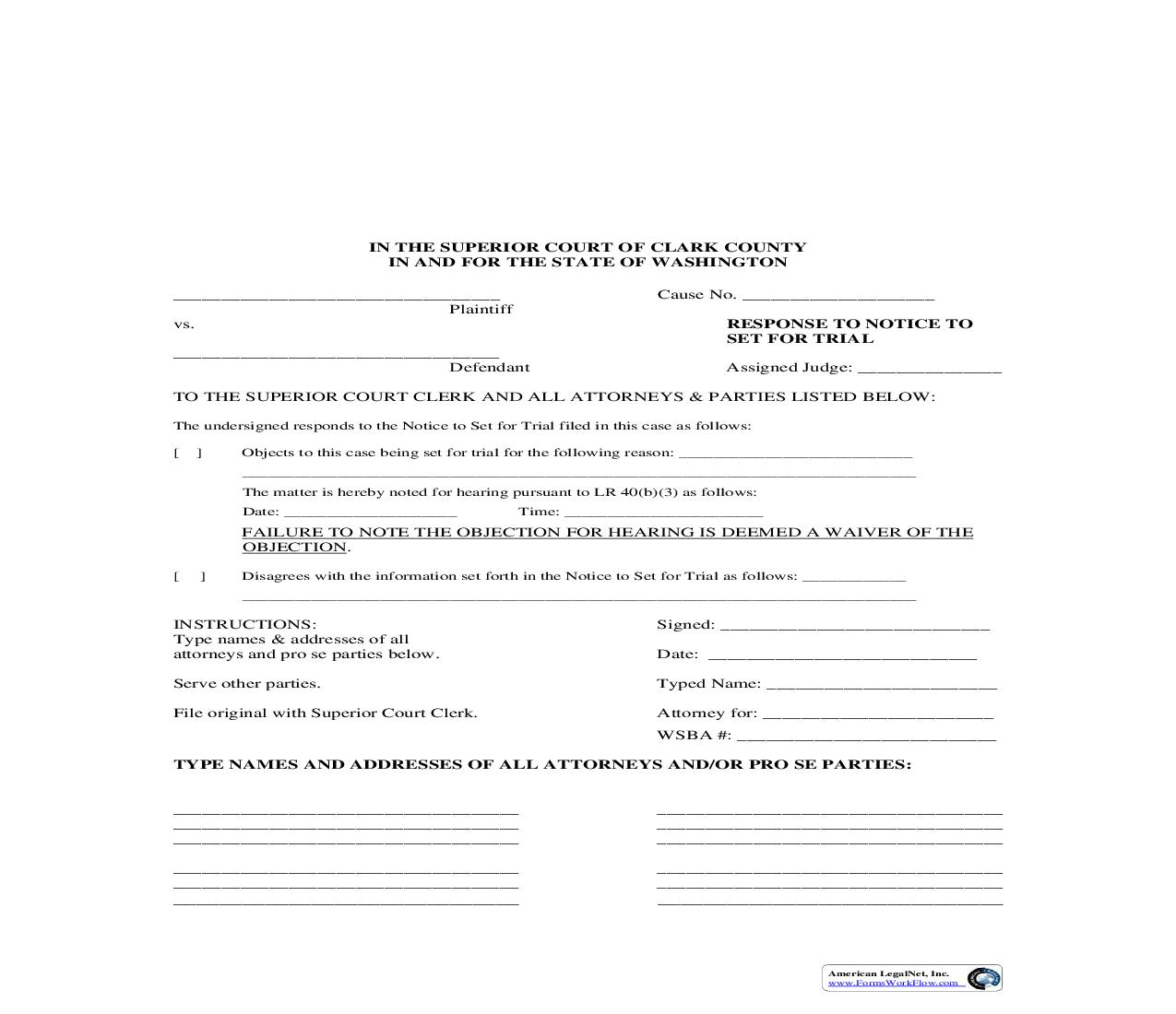 Response To Notice To Set For Trial | Pdf Fpdf Doc Docx | Washington