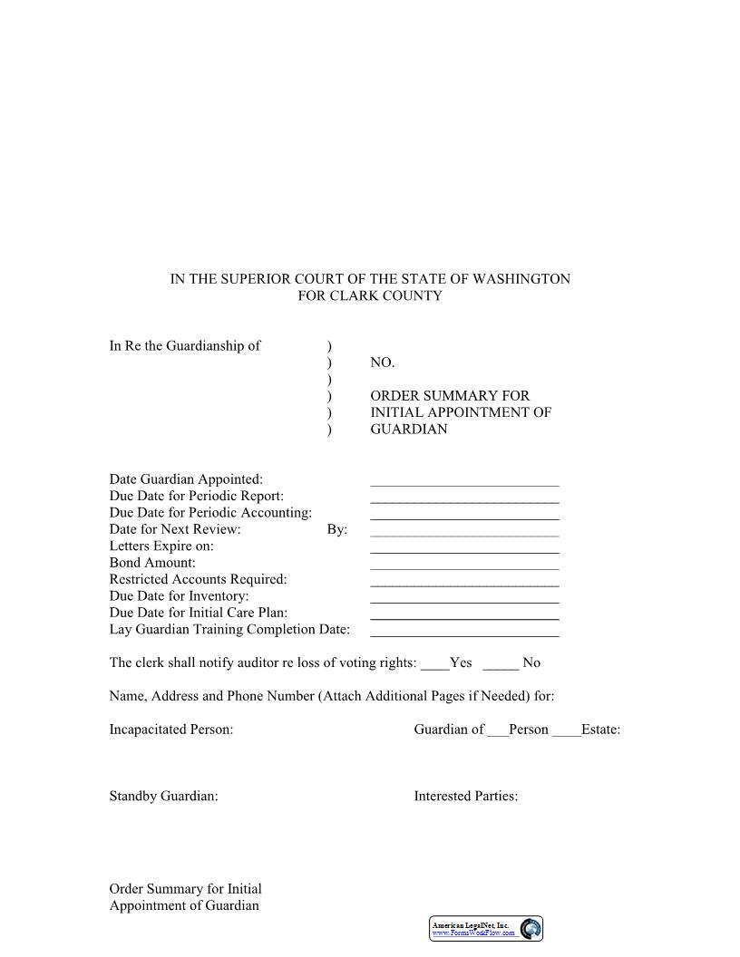 Order Summary For Initial Appointment Of Guardian | Pdf Fpdf Docx | Washington