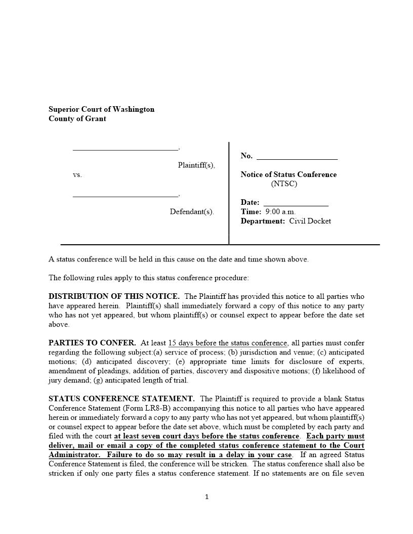 Notice Of Status Conference {LR8-A} | Pdf Fpdf Docx | Washington