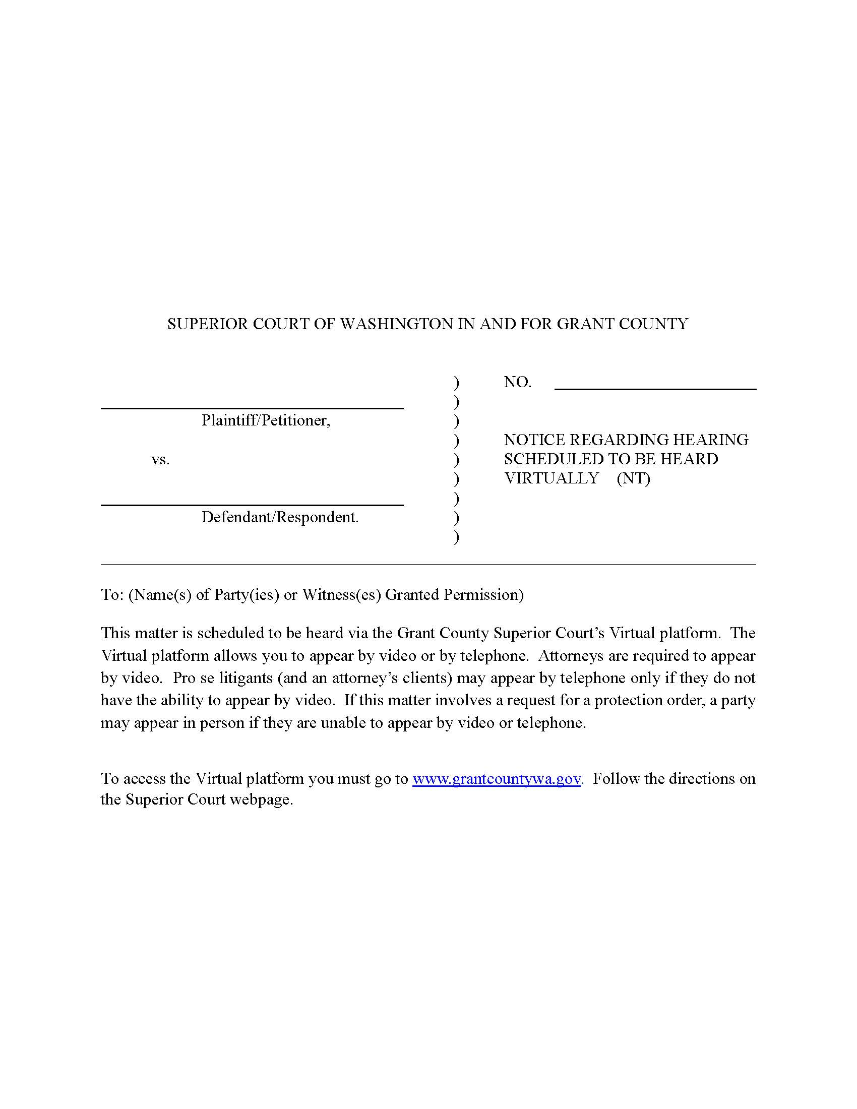 Notice Regarding Hearing Scheduled To Be Heard Virtually | Pdf Fpdf Docx | Washington