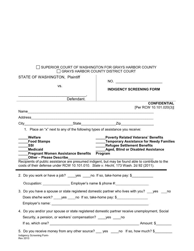 Indigency Screening Form | Pdf Fpdf Docx | Washington