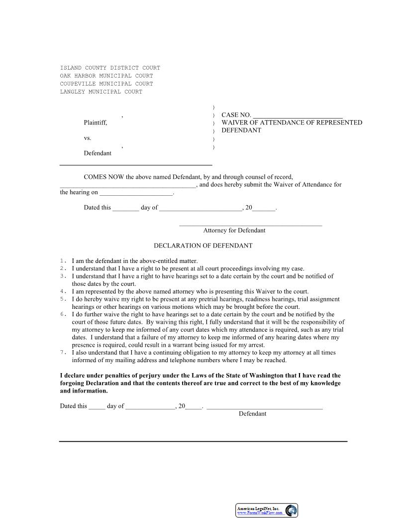 Waiver Of Attendance Of Represented Defendant | Pdf Fpdf Docx | Washington