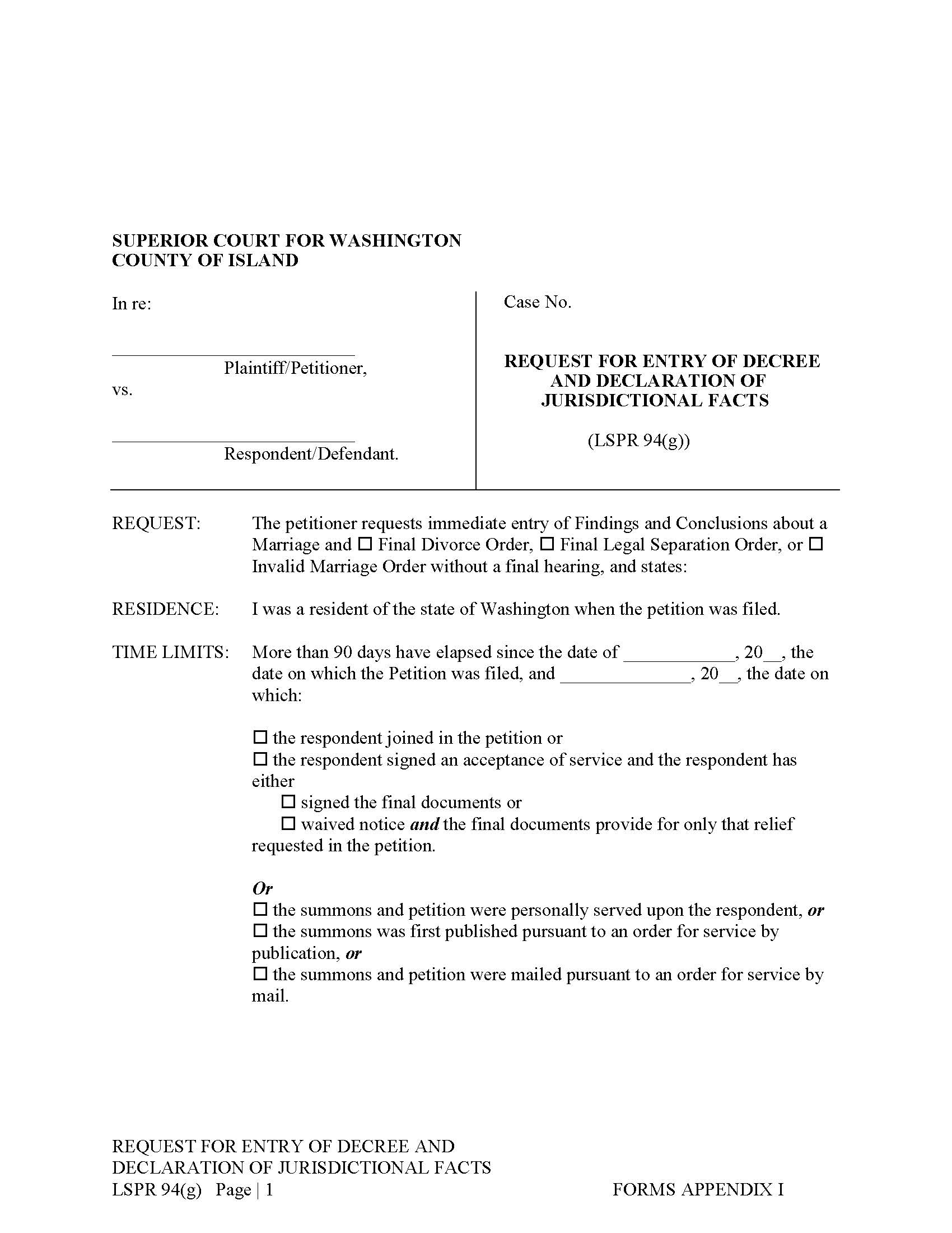 Request For Entry Of Decree And Declaration Of Jurisdictional Facts | Pdf Fpdf Docx | Washington