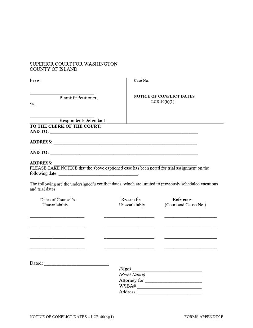 Notice Of Conflict Dates {Appx F} | Pdf Fpdf Doc Docx | Washington