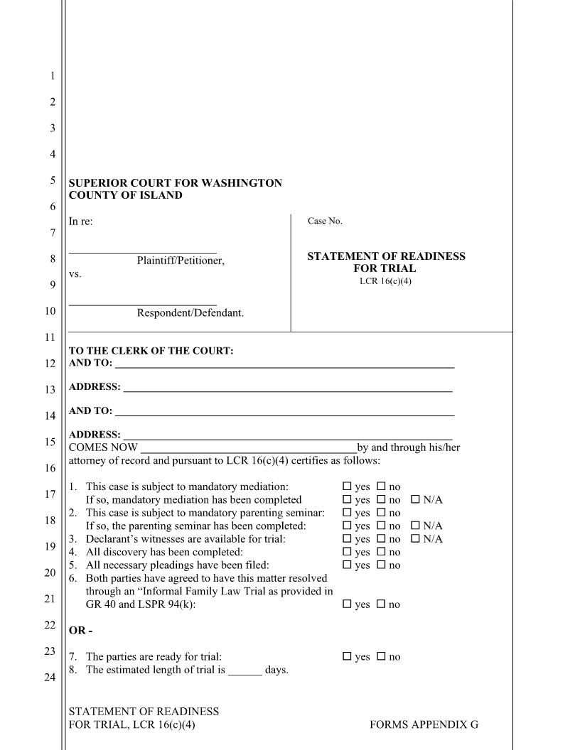 Statement Of Readiness For Trial {Appx G} | Pdf Fpdf Doc Docx | Washington