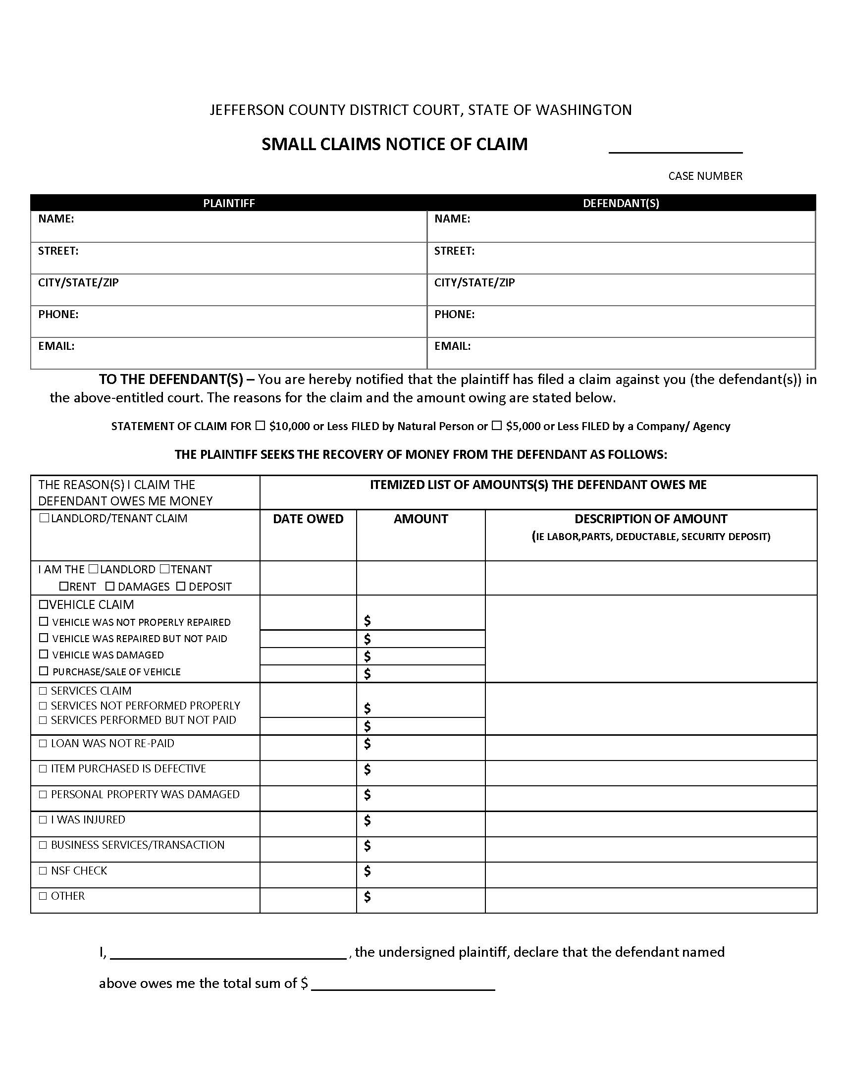 Notice Of Small Claim | Pdf Fpdf Doc Docx | Washington