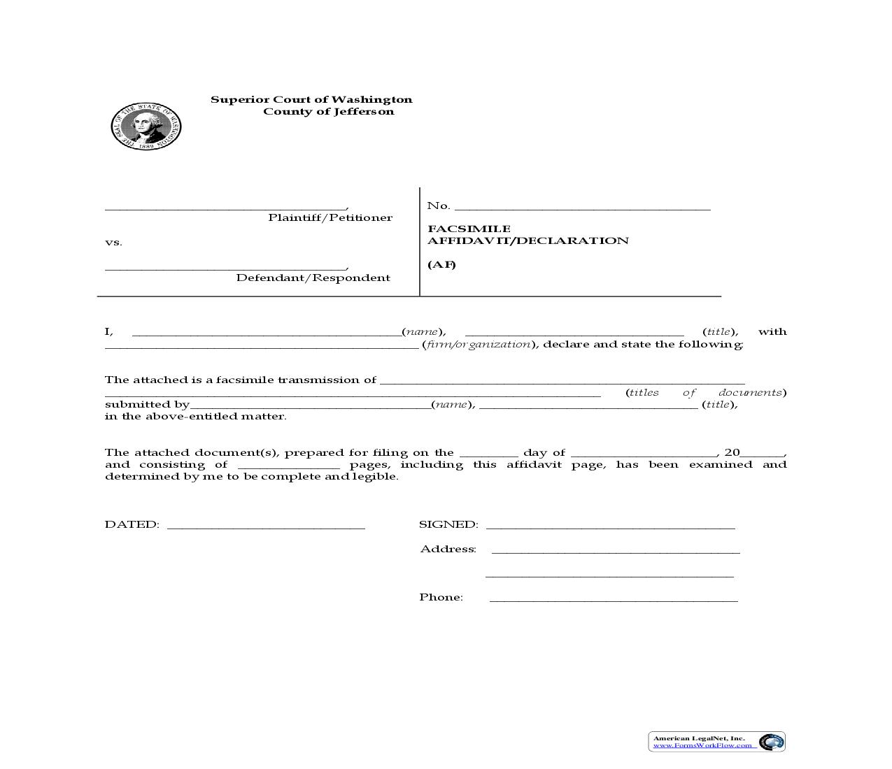 Facsimile Affidavit Declaration | Pdf Fpdf Doc Docx | Washington