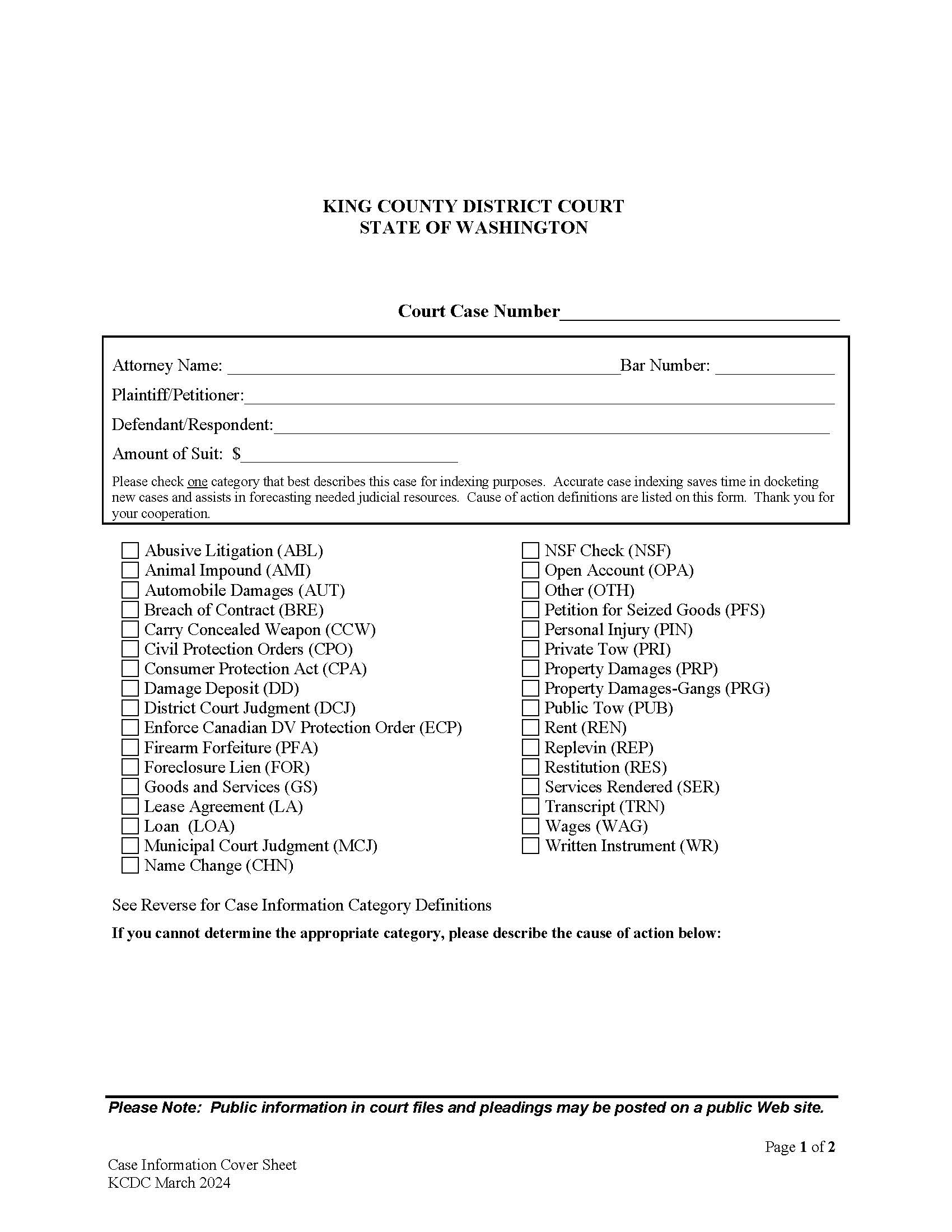 Case Information Cover Sheet | Pdf Fpdf Docx | Washington