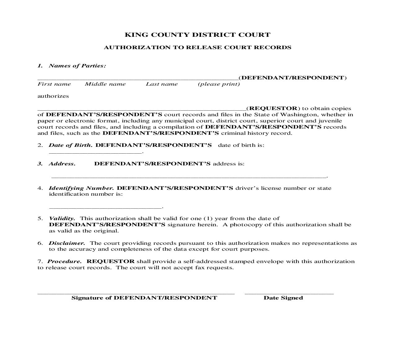 Authorization To Release Court Records | Pdf Fpdf Doc Docx | Washington