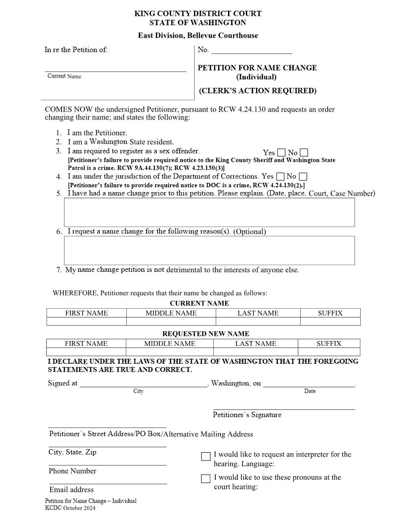 Petition For Name Change Individual | Pdf Fpdf Docx | Washington