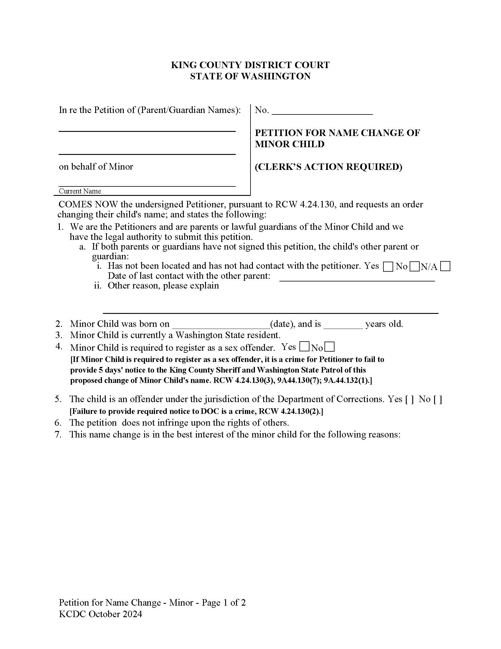 Petition For Name Change Of Minor Child | Pdf Fpdf Docx | Washington