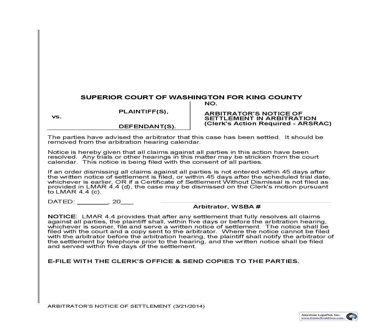 Arbitrators Notice Of Settlement In Arbitration | Pdf Fpdf Doc Docx | Washington