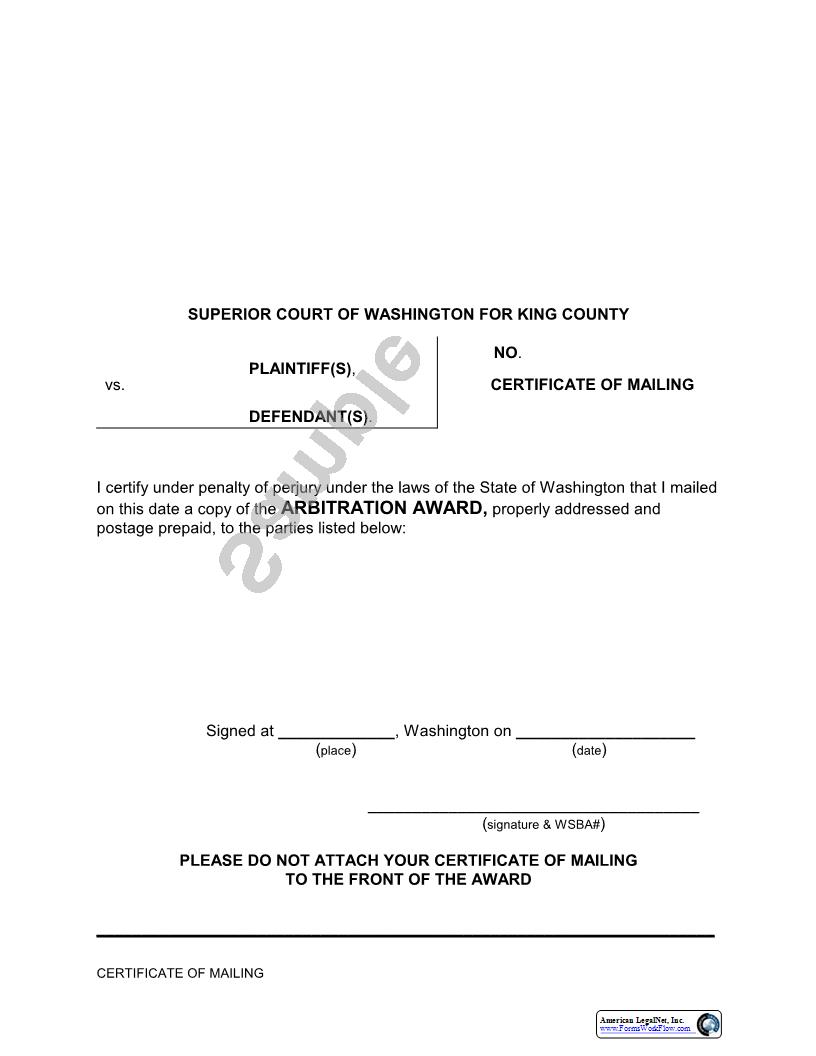 Certificate Of Mailing (Arbitration Award) | Pdf Fpdf Docx | Washington