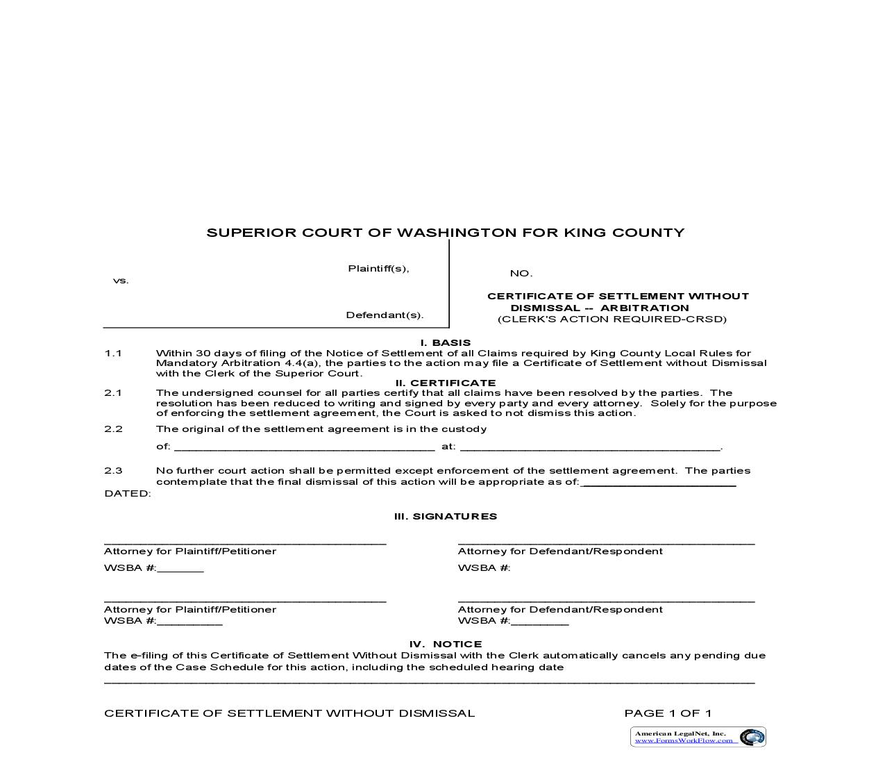 Certificate Of Settlement Without Dismissal Arbitration | Pdf Fpdf Doc Docx | Washington