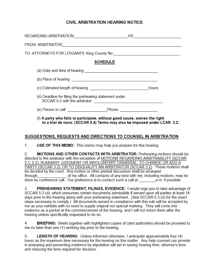 Mandatory Arbitration Hearing Notice | Pdf Fpdf Doc Docx | Washington