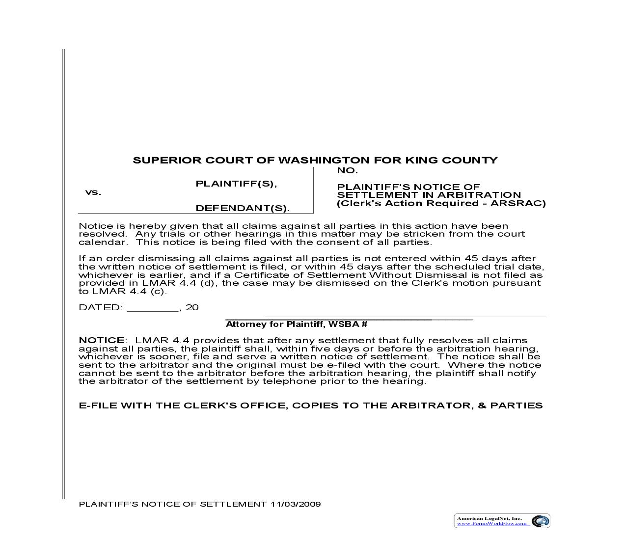 Plaintiffs Notice Of Settlement In Arbitration | Pdf Fpdf Doc Docx | Washington