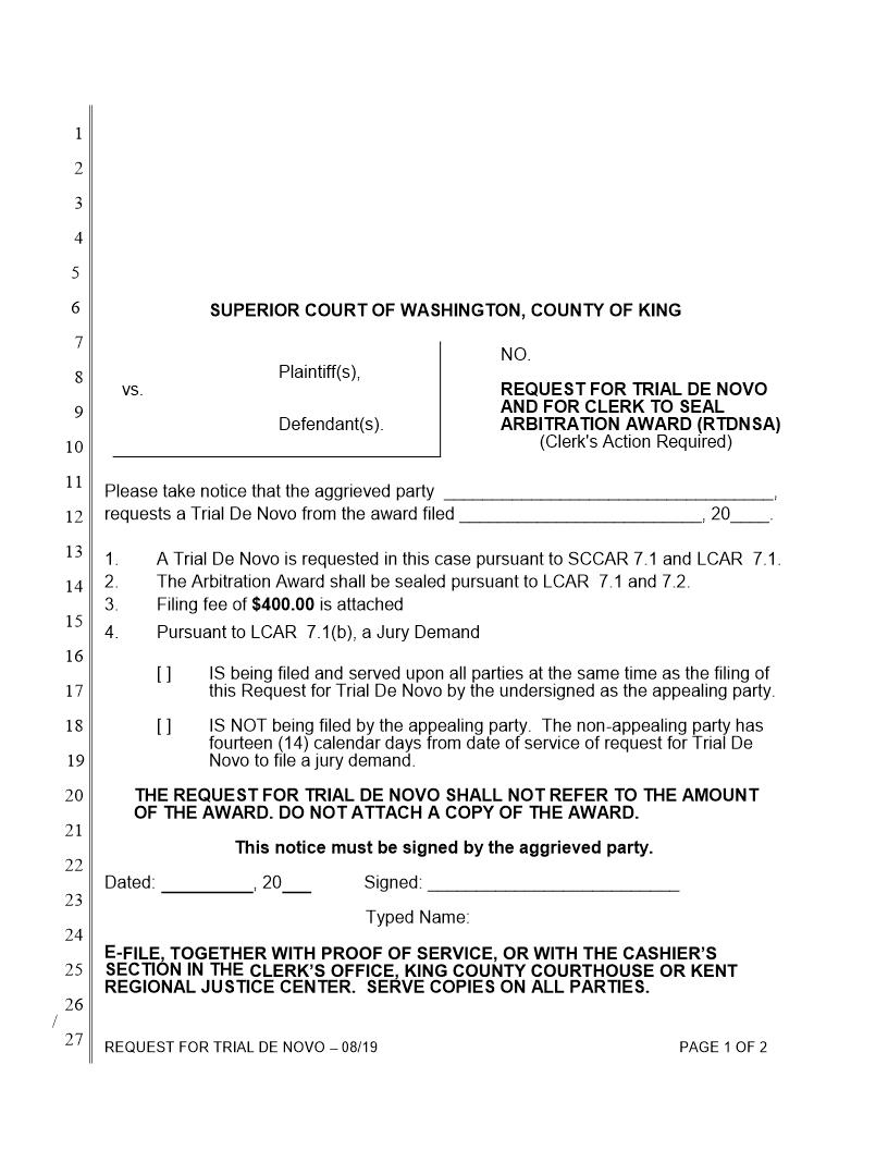 Request For Trial De Novo And For Clerk To Seal Arbitration Award | Pdf Fpdf Docx | Washington