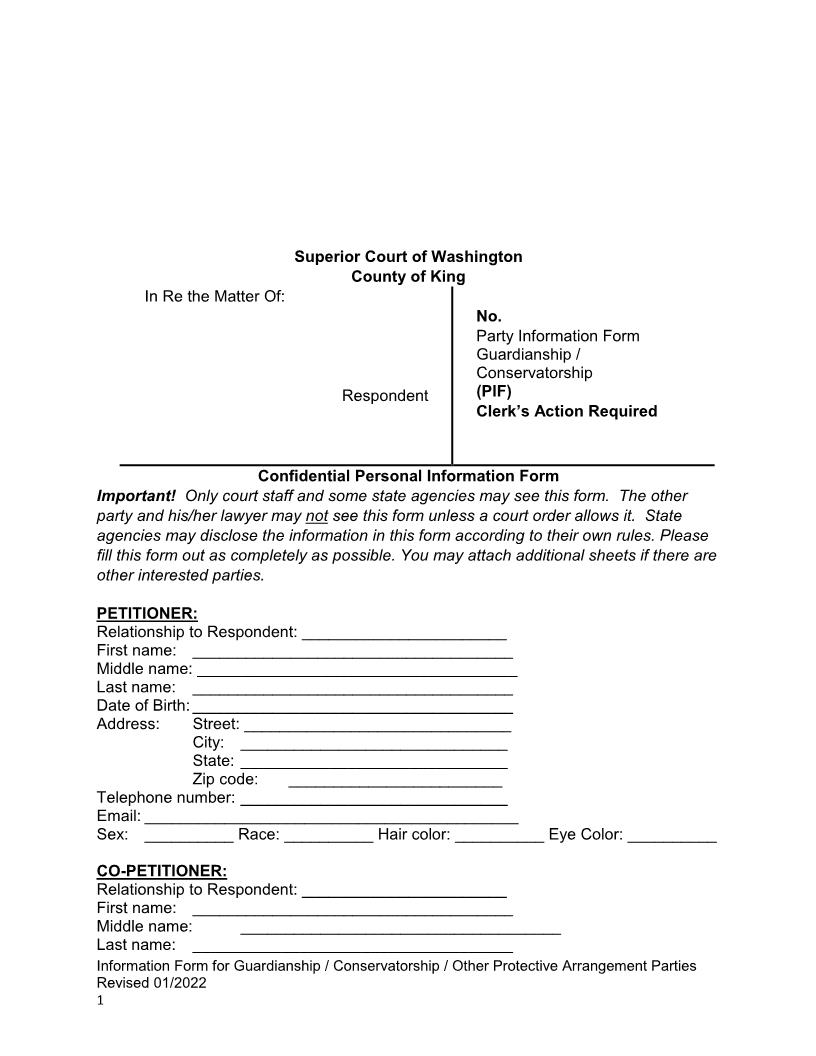 Party Information Form Guardianship Conservatorship | Pdf Fpdf Docx | Washington