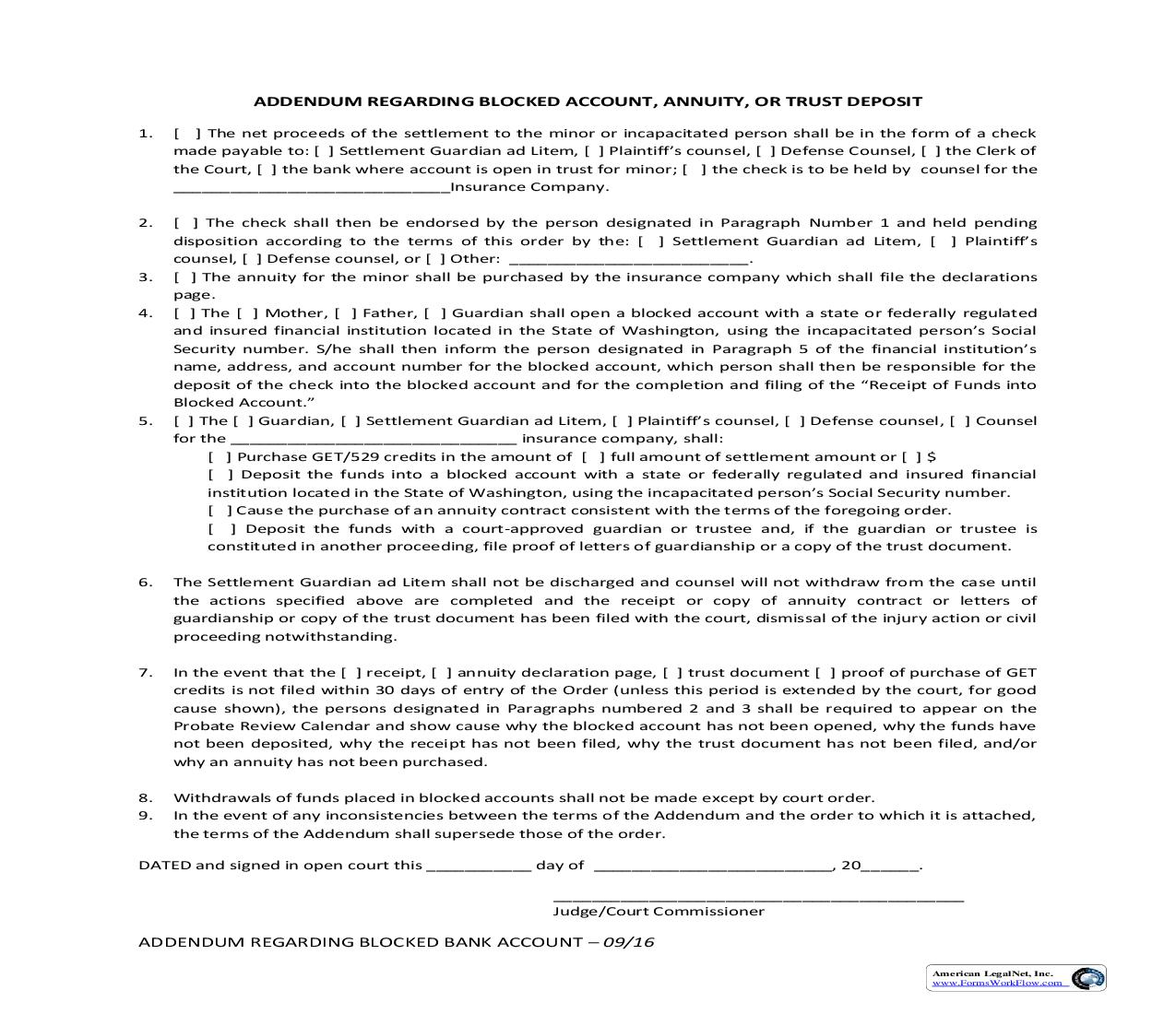 Addendum Regarding Blocked Account Annuity Or Trust Deposit | Pdf Fpdf Doc Docx | Washington