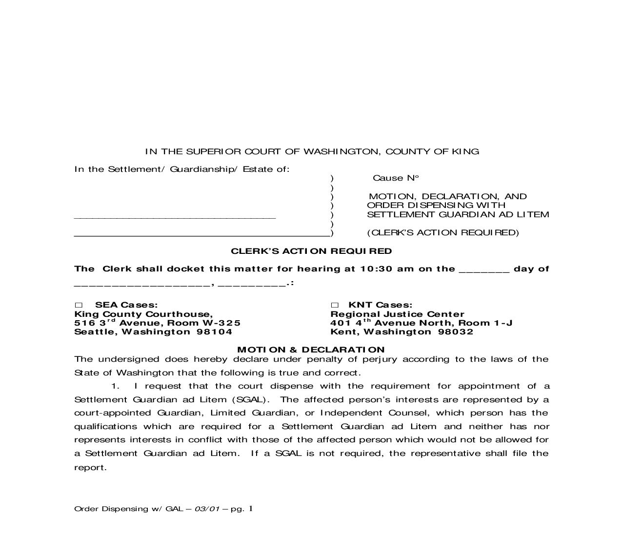 Motion Declaration And Order Dispensing With Settlement Guardian Ad Litem | Pdf Fpdf Doc Docx | Washington