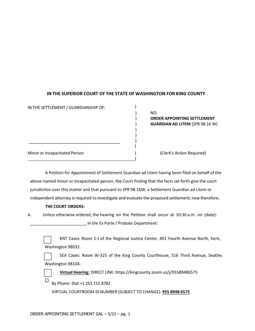 Order Appointing Settlement Guardian Ad Litem | Pdf Fpdf Docx | Washington