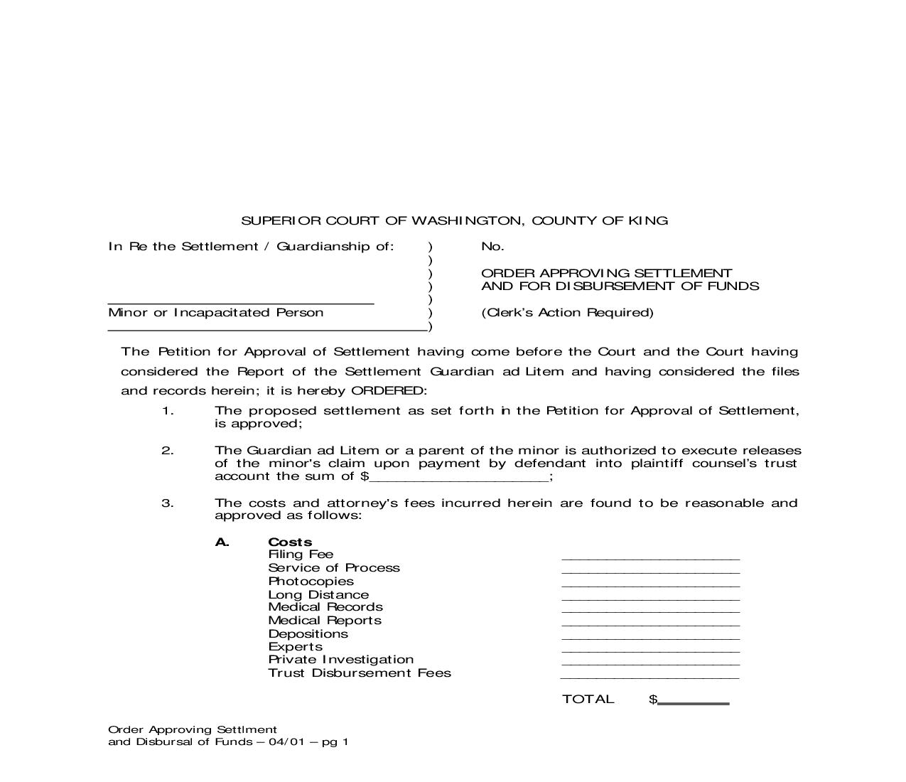 Order Approving Settlement And For Disbursement Of Funds | Pdf Fpdf Doc Docx | Washington