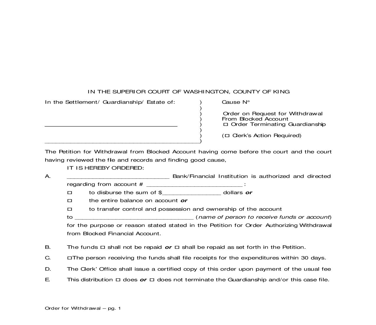 Order On Request For Withdrawal From Blocked Account Order Terminating Guardianship | Pdf Fpdf Doc Docx | Washington
